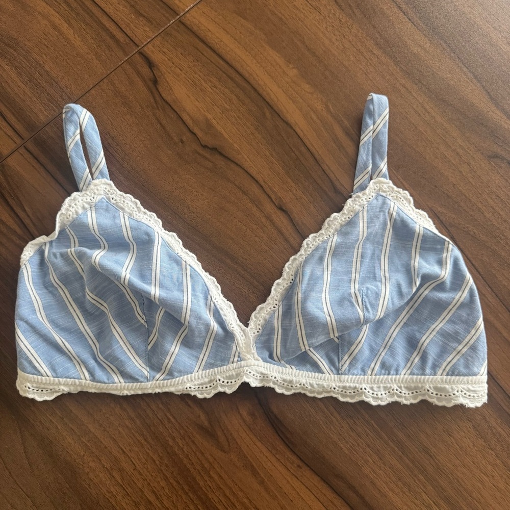 Auden Light Blue Striped Lace-Trim Bralette Bra